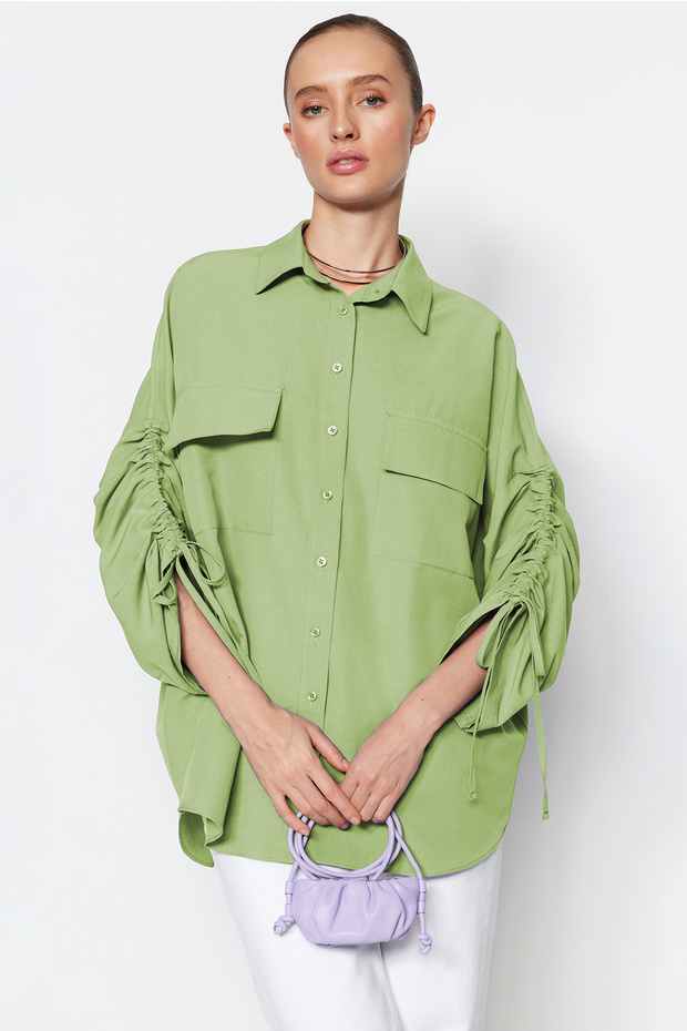 Lime Sleeves Adjustable Drawstring Detailed Woven Cotton Shirt Tctss23Tg00011