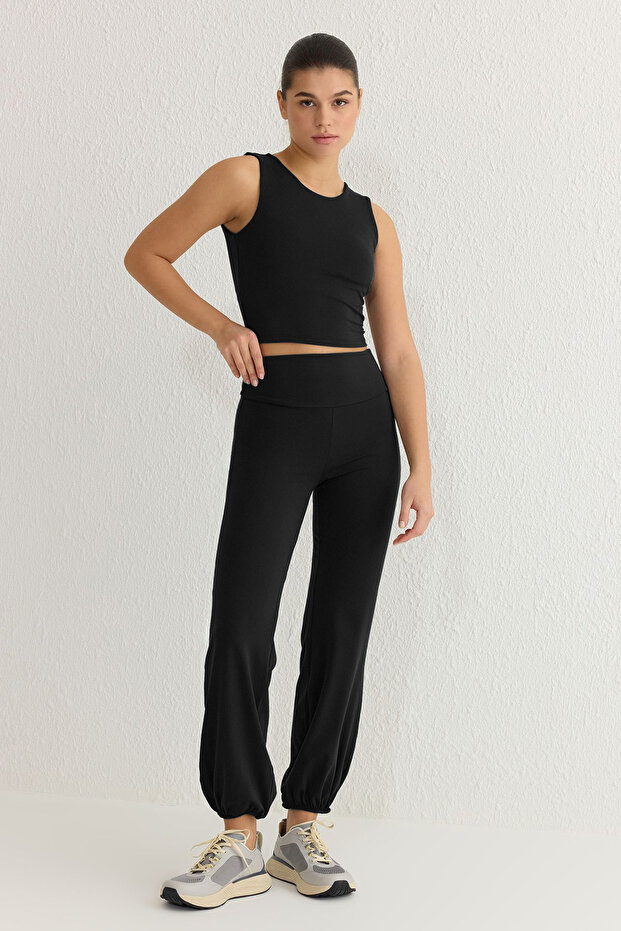 Siyah Fırçalı Soft Kumaş Reflektör Baskılı Spor Örme Takımlanabilir Eşofman Altı THMSS25EA00004 - 2