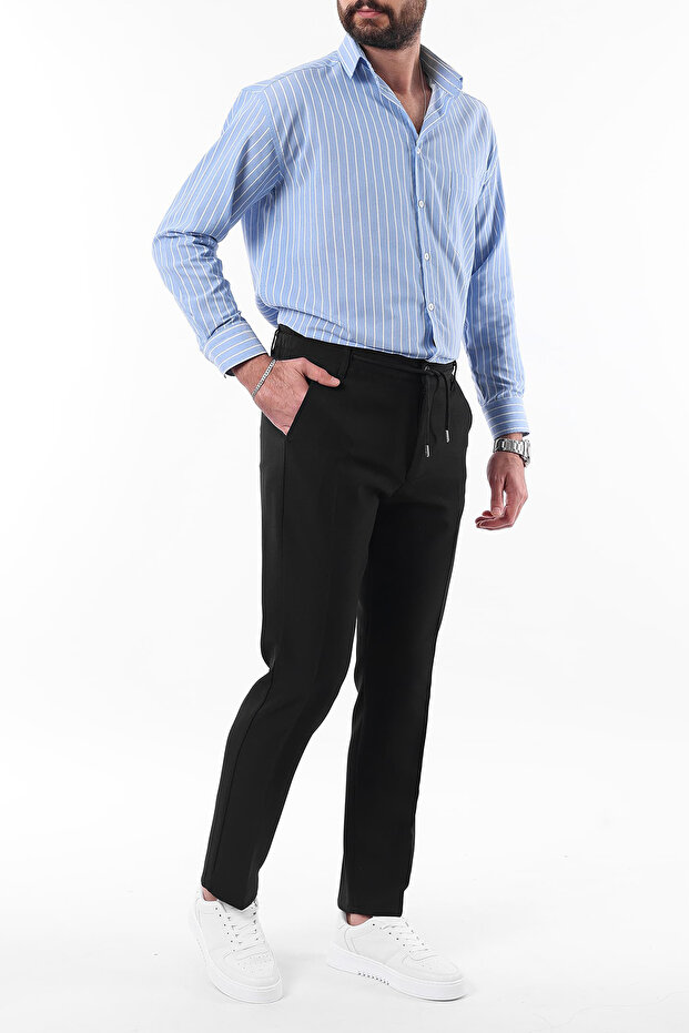 Siyah Slim Fit Beli Bağlama Detaylı Lastikli Kumaş Dokuma Pantolon TMNAW25PL00027 - 2