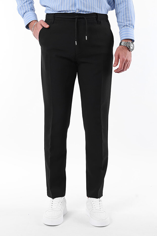Siyah Slim Fit Beli Bağlama Detaylı Lastikli Kumaş Dokuma Pantolon TMNAW25PL00027 - 1