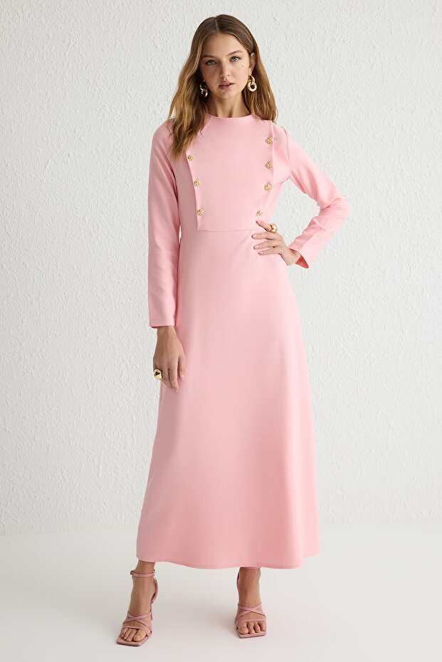 Açık Pembe Çiçek Düğmeli Dokuma Elbise TCTSS25EB00032 - 2