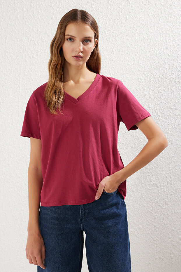 Bordo-Çok Renkli %100 Pamuk 2'li Paket Regular Kalıp Basic V Yaka Örme T-Shirt TWOSS23TS00002 - 4