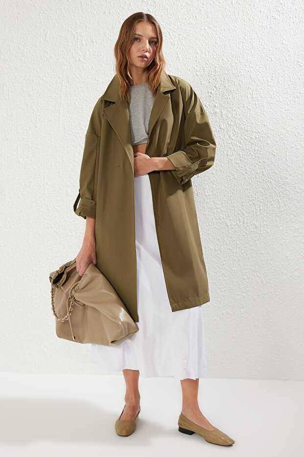 Haki Oversize Kuşaklı Su İtici Uzun Trençkot TWOAW24TR00019 - 1
