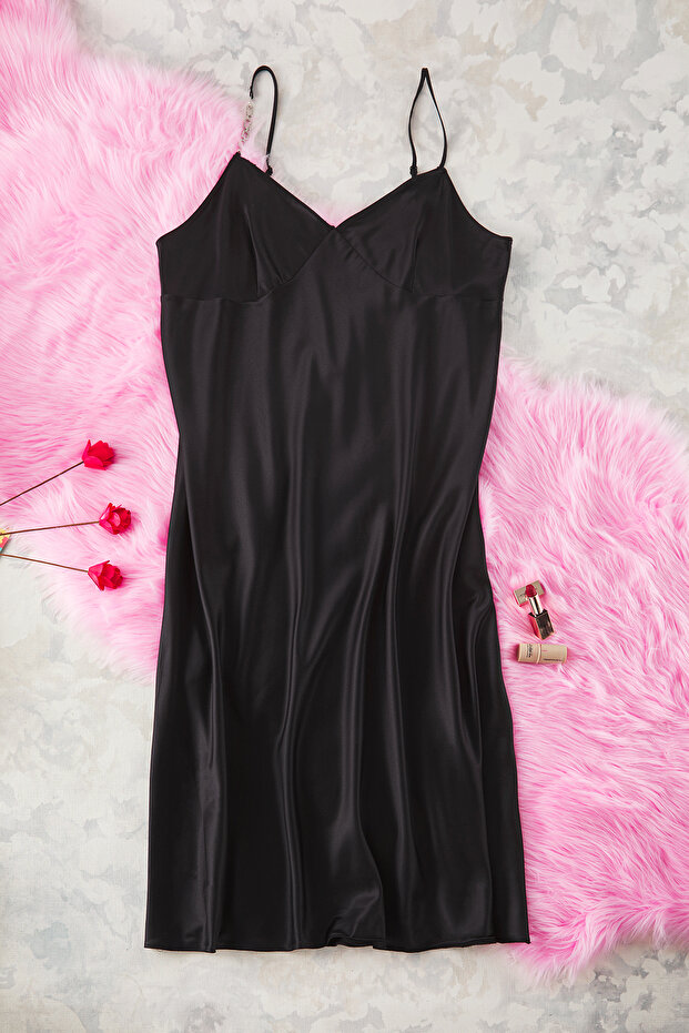 Fekete kőpántos Midi hosszúságú szatén szőtt hálóing TBBSS25CH00000 - 6