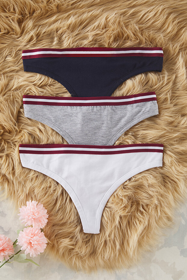 Lacivert-Çok Renkli 3'lü Paket Pamuklu Lastik Detaylı Tanga Örme Külot THMSS25KU00034 - 3