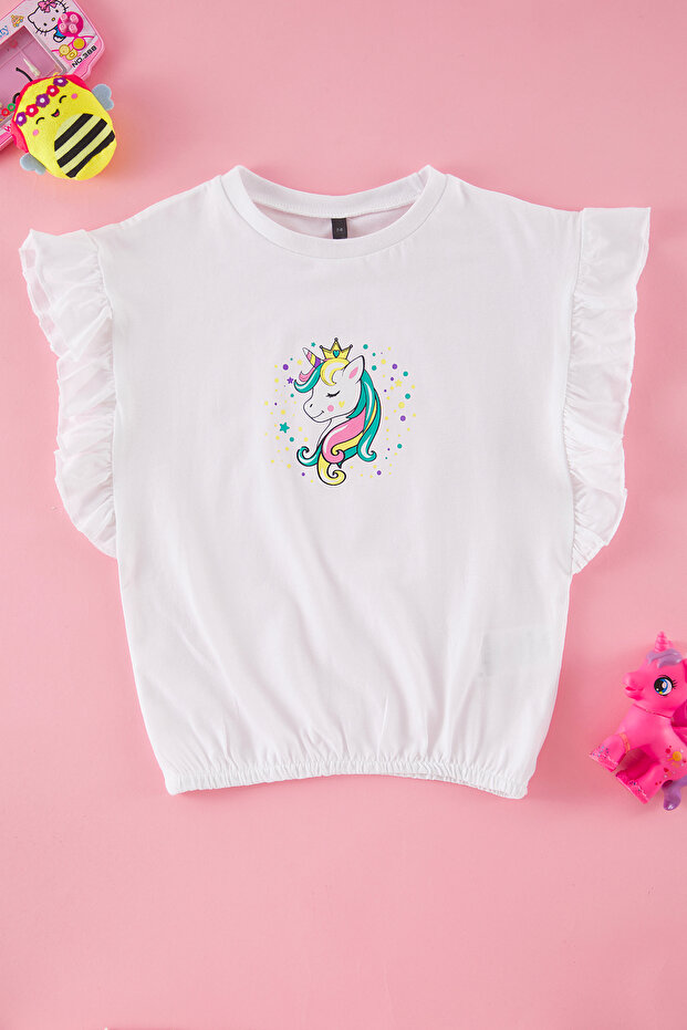 Ekru Kız Çocuk %100 Pamuk Unicorn Baskılı Regular Kalıp Fırfırlı Kolsuz Örme T-Shirt TKDSS25TS00034 - 4