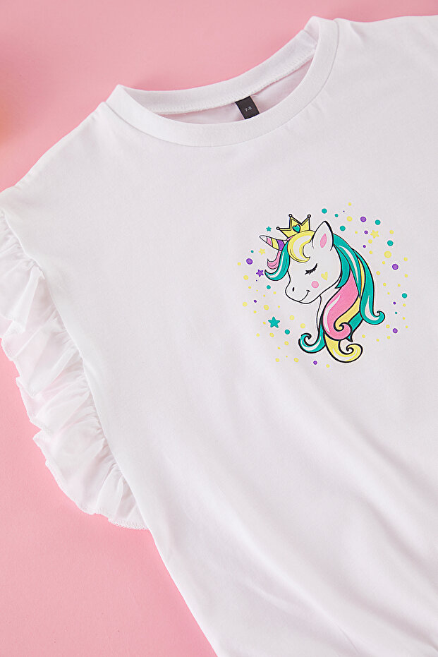 Ekru Kız Çocuk %100 Pamuk Unicorn Baskılı Regular Kalıp Fırfırlı Kolsuz Örme T-Shirt TKDSS25TS00034 - 5