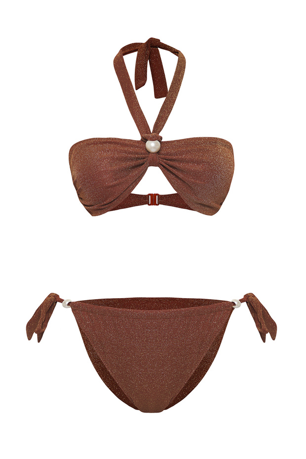 Kahverengi Aksesuarlı Straplez Kaplı Regular Düşük Bel Bikini Takımı TBESS25BT00075 - 6