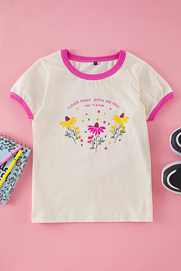Ekru Kız Çocuk %100 Pamuk Çiçekli Regular Kalıp Biye Detaylı Kısa Kol Örme T-Shirt TKDSS25TS00072 - 1
