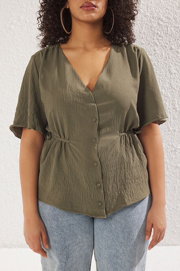 Khaki szőtt V-nyakú nyakkendős blúz TBBSS22BZ0753 - 3