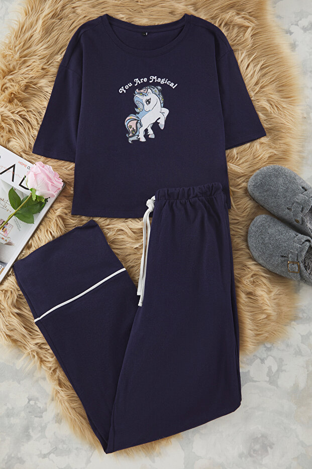 Navy Blue Cotton Leisure Printed Piping Detail Knitted Pajamas Set Thmss21Pt0953