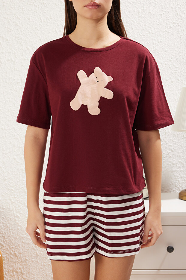 Bordo %100 Pamuklu Ayıcıklı Şortlu Örme Pijama Takımı THMSS24PT00039 - 3