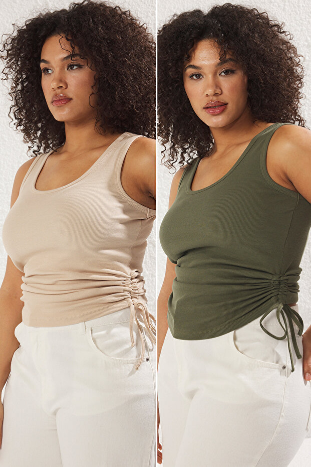 Plus Size Khaki-Beige Tank Top 2 Pack - Side Drawstring Tbbss25Cv00002 - 1