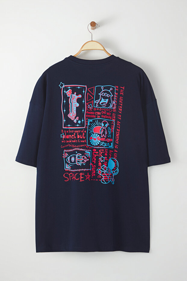 Büyük Beden Lacivert Oversize/Geniş Kesim %100 Pamuklu T-Shirt TMNSS25BF00009 - 3