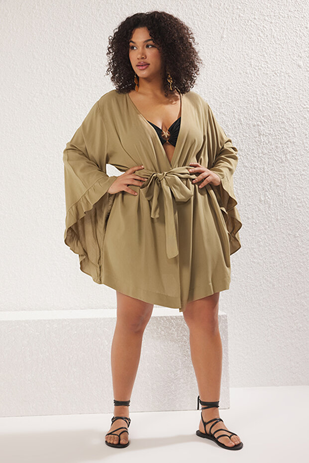 Haki Kolu Fırfırlı Volanlı Viskon Plaj Giyim Dokuma Büyük Beden Kimono&Kaftan TBBSS23DE00001 - 2