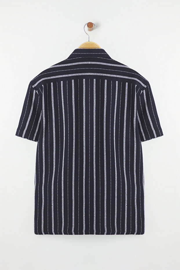 Lacivert Oversize Fit Kısa Kollu Çizgili Etamin Yazlık Gömlek TMNSS25GO00012 - 9