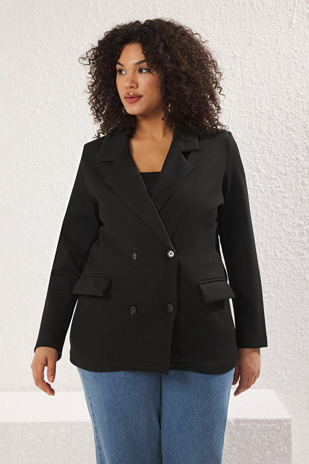 Plus Size Czarna marynarka - dwurzędowe zapięcie, elastyczna dzianina Tbbss25Ag00005 - 2