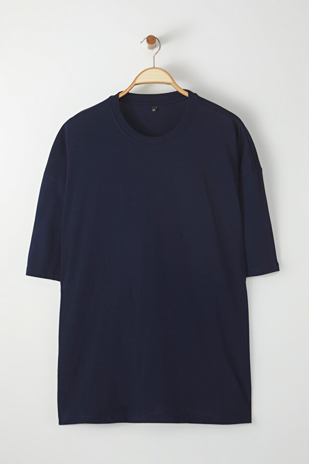 Büyük Beden Lacivert Oversize/Geniş Kesim %100 Pamuklu T-Shirt TMNSS25BF00009 - 4
