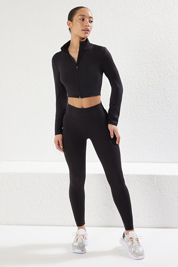 Siyah Soft Fırçalı Kumaş Fermuarlı Örme Spor Ceket/Sweatshirt THMSS25SK00000 - 3
