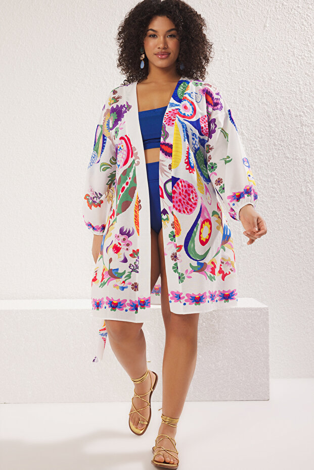 Çok Renkli Çiçek Desenli Kuşaklı Mini Dokuma Balon Kollu %100 Pamuklu Kimono&Kaftan TBBSS25DE00001 - 1