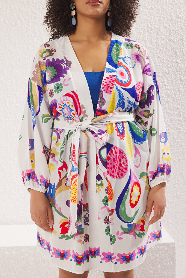 Çok Renkli Çiçek Desenli Kuşaklı Mini Dokuma Balon Kollu %100 Pamuklu Kimono&Kaftan TBBSS25DE00001 - 3