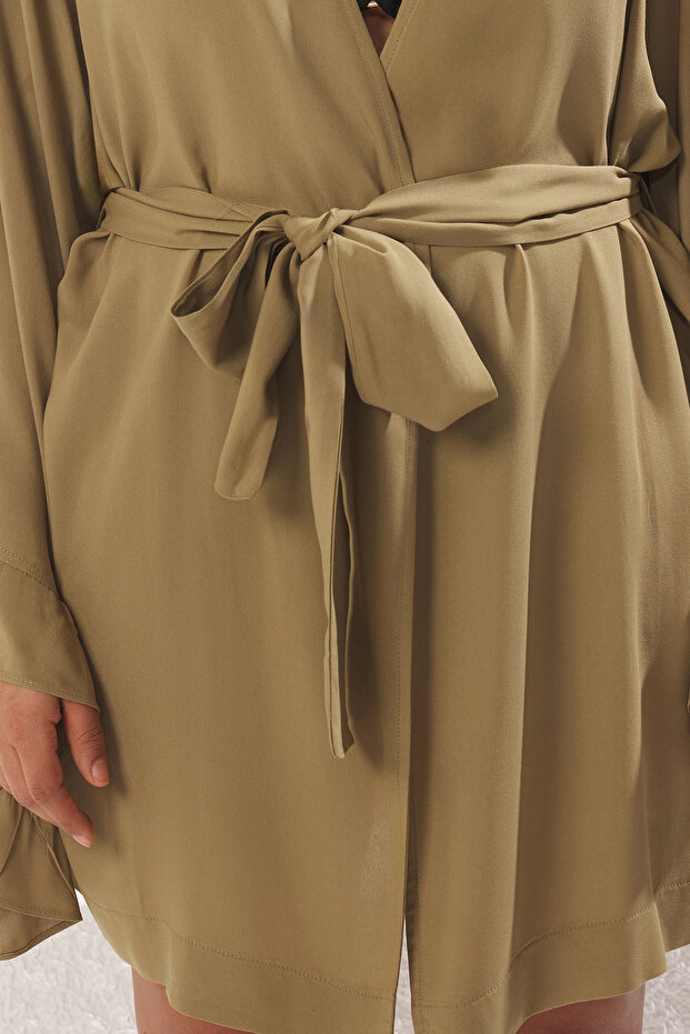 Haki Kolu Fırfırlı Volanlı Viskon Plaj Giyim Dokuma Büyük Beden Kimono&Kaftan TBBSS23DE00001 - 3