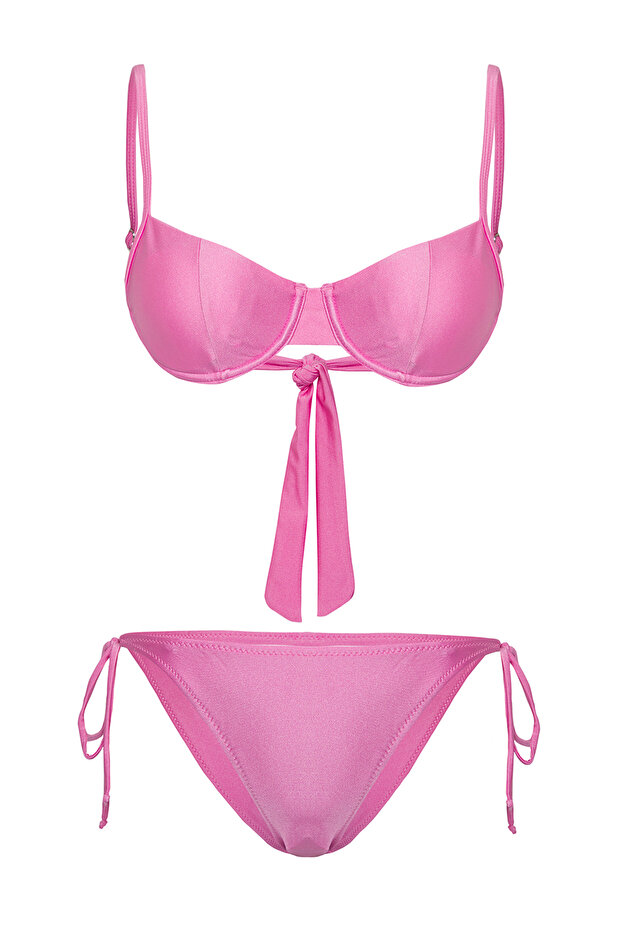 Pembe Balconette Kaplı Regular Normal Bel Bikini Takımı TBESS25BT00083 - 5