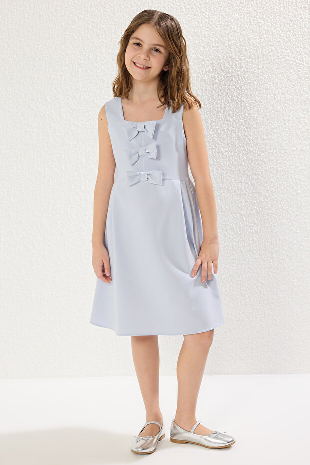 Bebe Mavisi Kurdele Detaylı Mini Me Anne-Kız Dokuma Elbise TKDSS25EL00046 - 2