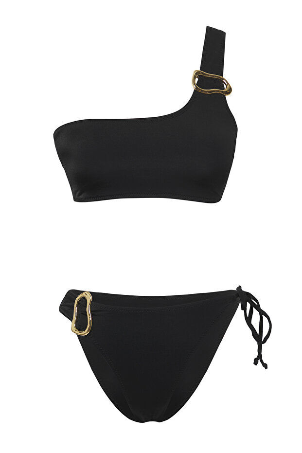 Siyah Aksesuarlı Tek Omuz Kaplı Regular Normal Bel Bikini Takımı TBESS25BT00091 - 5