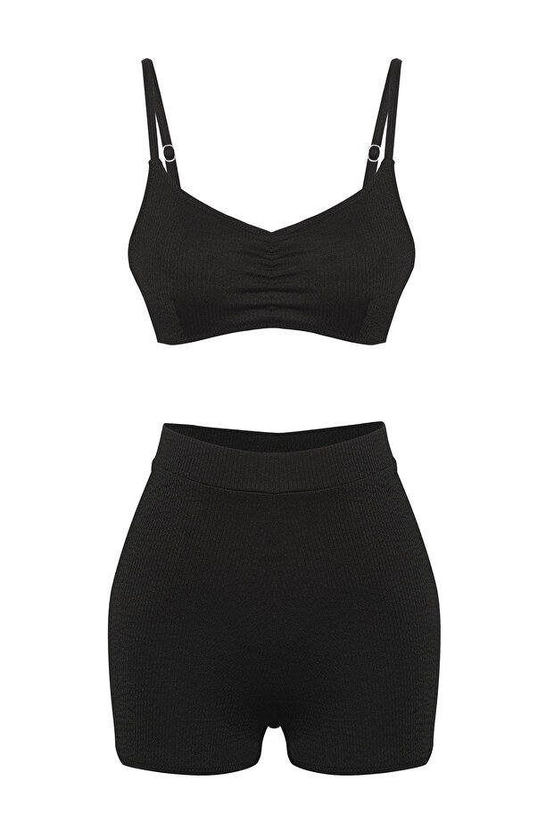 Siyah Büzgülü Bralette Kaplı Şort Yüksek Bel Bikini Takımı TBESS25BT00102 - 6