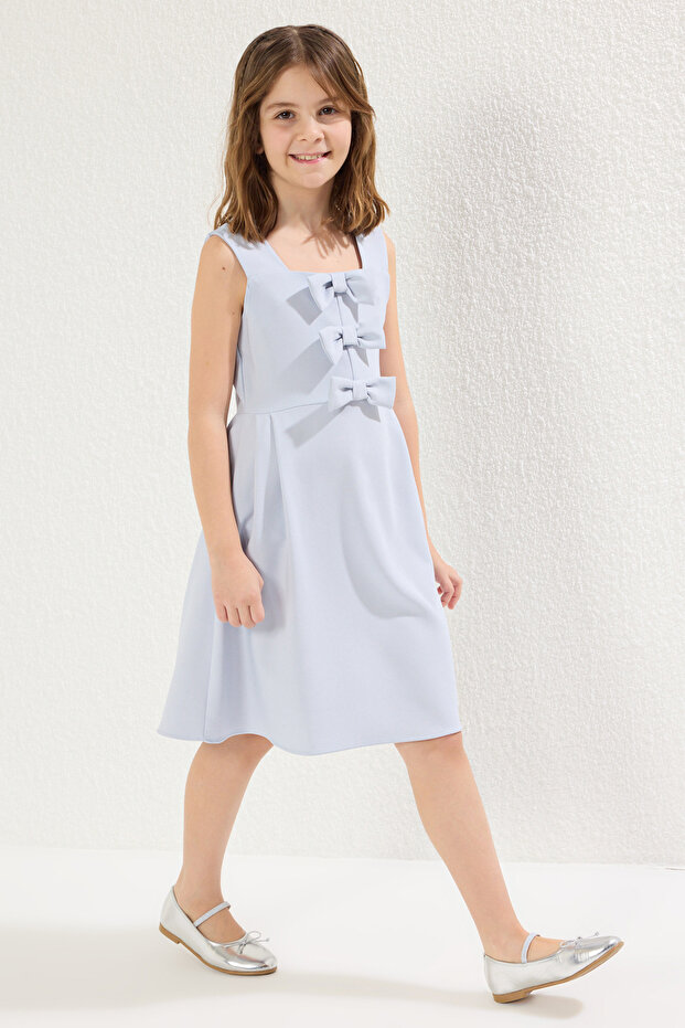 Bebe Mavisi Kurdele Detaylı Mini Me Anne-Kız Dokuma Elbise TKDSS25EL00046 - 3