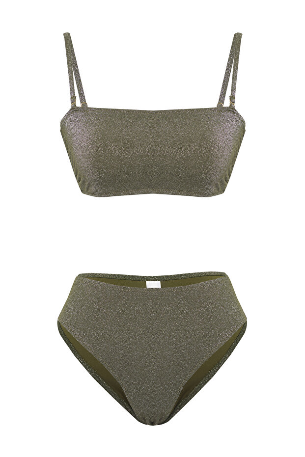 Haki Straplez Kaplı Regular Yüksek Bel Bikini Takımı TBESS25BT00112 - 5
