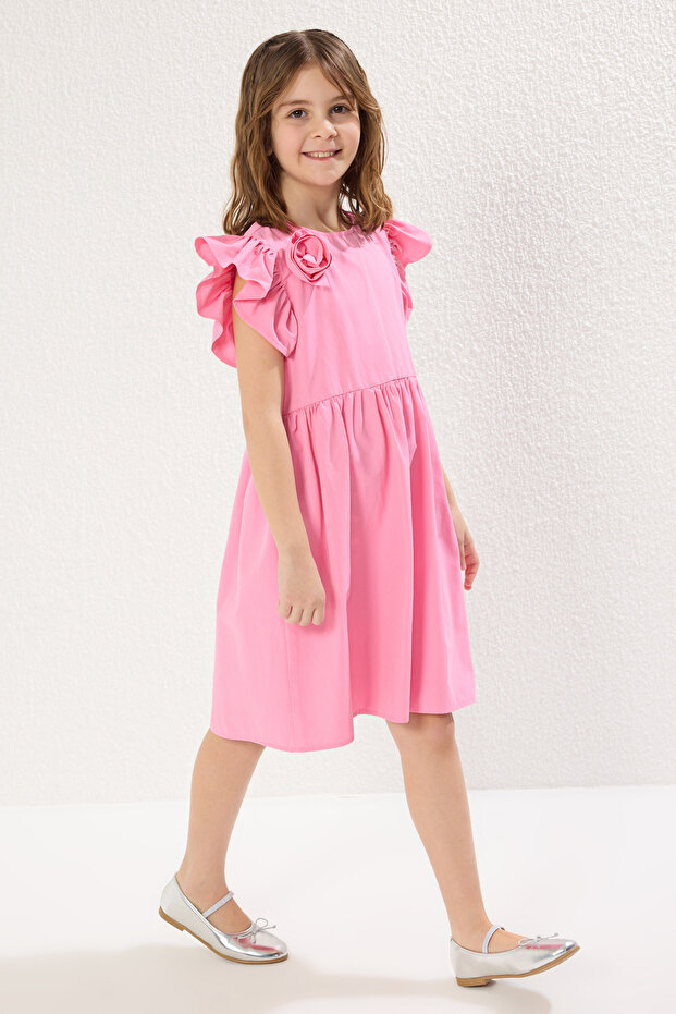 Pembe Kız Çocuk Mini Me Çiçekli Dokuma Elbise TKDSS25EL00044 - 2