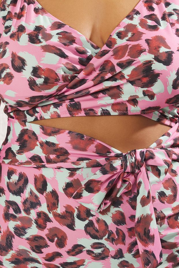 Többszínű mély V kivágott részletes leopárdmintás nagy méretű fürdőruha TBBSS25AM00011 - 4