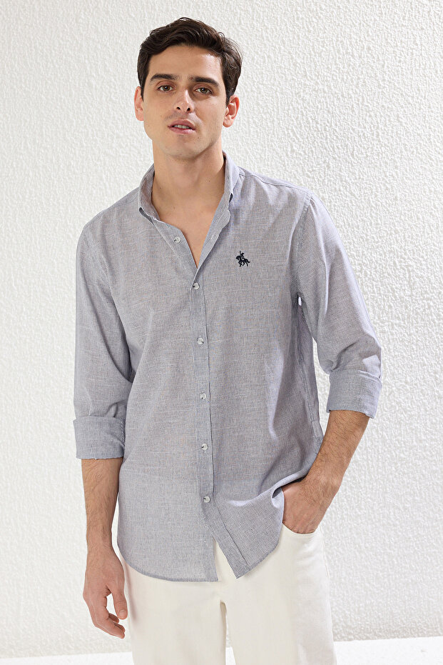 Lacivert Regular Fit Flamlı Çizgili Keten Görünümlü Nakışlı Şık Gömlek TMNSS25GO00034 - 3