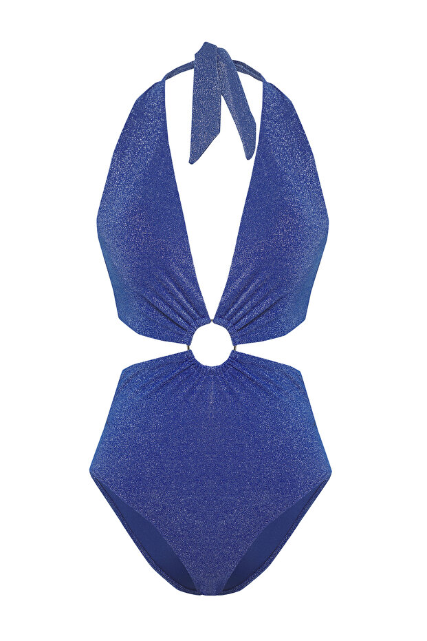Saks Derin V Yaka Cut Out Detaylı Aksesuarlı Simli Regular Mayokini TBESS25MY00005 - 5
