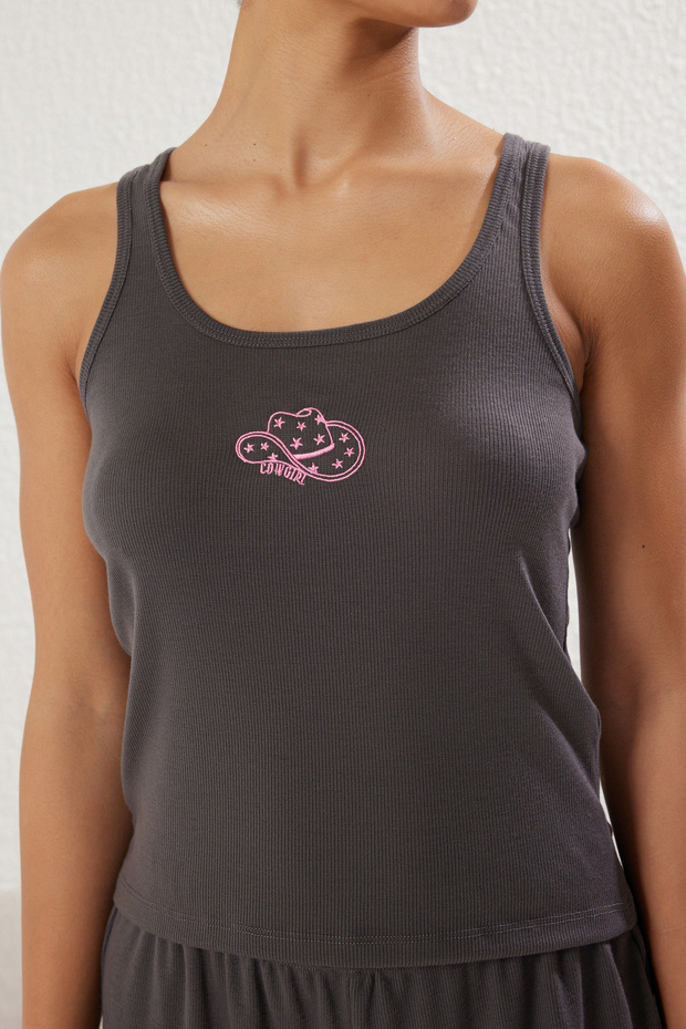 Antrasit Nakışlı Fitilli Şortlu Örme Pijama Takımı THMSS25PT00116 - 4