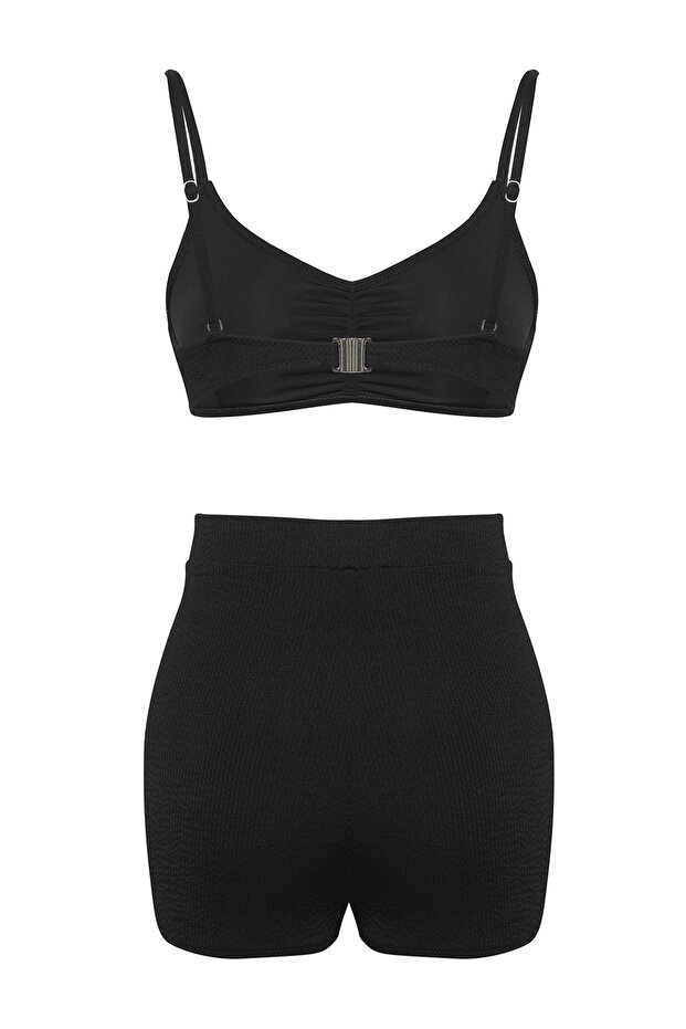 Siyah Büzgülü Bralette Kaplı Şort Yüksek Bel Bikini Takımı TBESS25BT00102 - 7