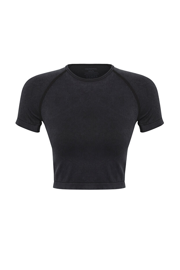 Siyah Seamless/Dikişsiz Crop Örme Takımlanabilir Spor Üst/Bluz THMSS25BZ00004 - 6