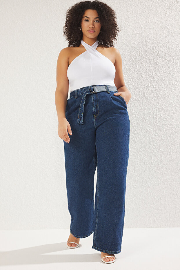 Mavi Yüksek Bel Kemerli Geniş Paça/ Wide Leg Fit Comfort/Orta Esnek Büyük Beden Jean TBBSS25CJ00009 - 1