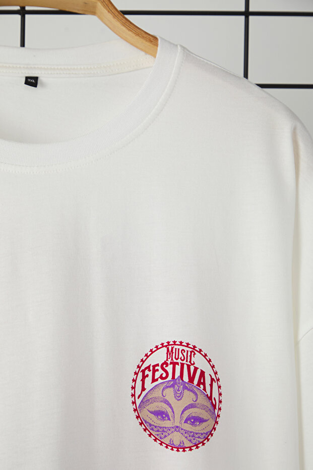 Büyük Beden Ekru Unisex Oversize/Geniş Kesim Etnik Sırt Baskılı %100 Pamuk T-shirt TMNSS25BF00019 - 5