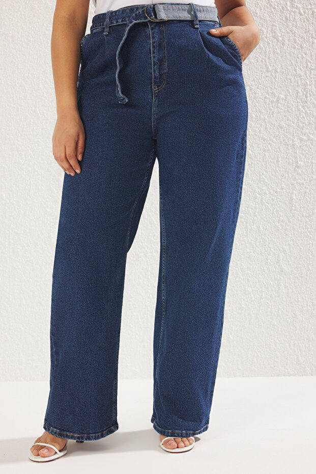 Mavi Yüksek Bel Kemerli Geniş Paça/ Wide Leg Fit Comfort/Orta Esnek Büyük Beden Jean TBBSS25CJ00009 - 3