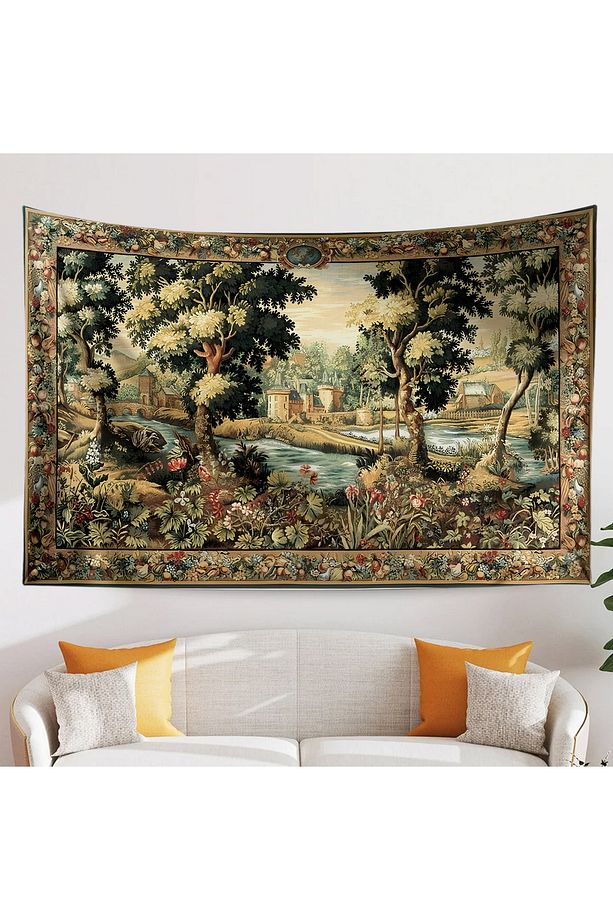 Vintage Fransız Retro Kale Desenli Duvar Örtüsü Duvar Halısı Tapestry - 1