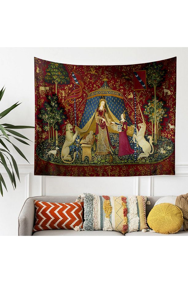 Ortaçağ Unicorn Kadın Vintage Desenli Duvar Örtüsü Duvar Halısı Tapestry - 5