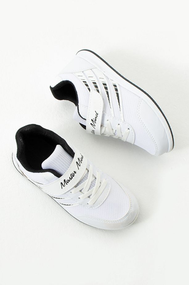 Çocuk Beyaz Siyah Bağcıklı Tek Cırtlı Esnek Hafif Nefes Alabilen Unisex Fileli Sneaker Spor Ayakkabı - 5