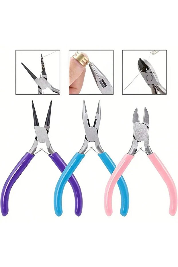 3 Color 3pcs Jewelry Making Pliers Set - Needle Nose, Chain Nose, Round Nose & Wire Cutter - Perfect