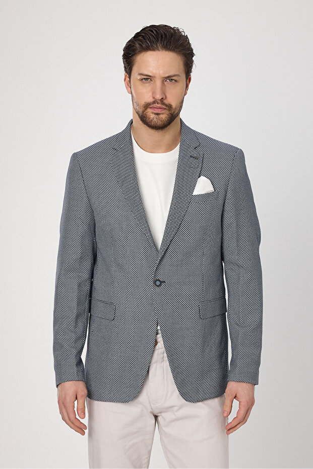 Alturo Men's Navy Blue Spring-Summer Honeycomb Pattern Regular Fit Blazer Jacket