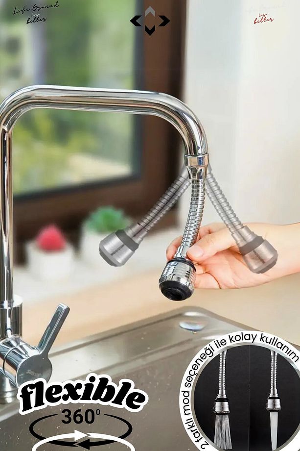 Flexible 360 Esnek Spiral Hortumlu Batarya Ucu Başlığı 2 Farklı Mod Fonksiyonlu Musluk Başlığı - 2