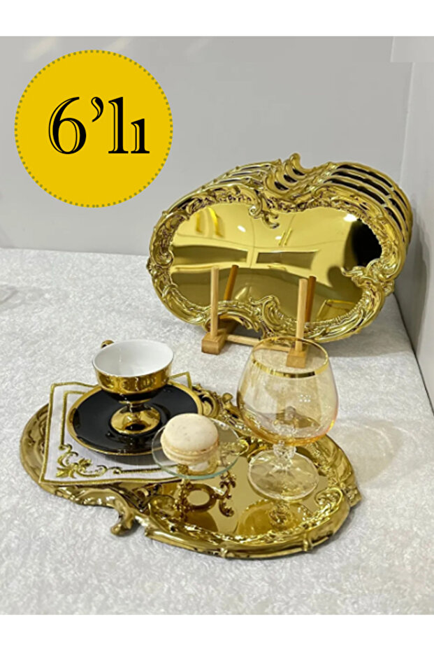 Set of 6 Gold Embroidered Lace Pattern Coffee Presenter Serving Trays - Fashionable and Elegant Presenter (21 X 30 cm)