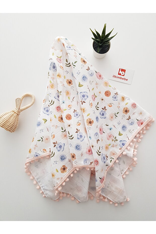 85X90 Floral Pompom Muslin Baby Blanket - 100% Cotton